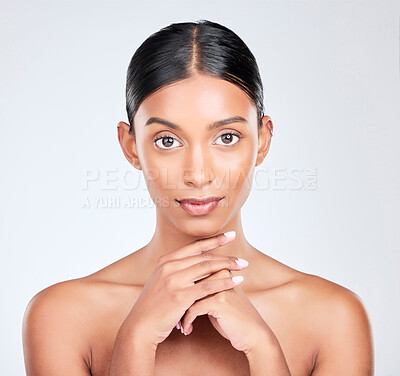Buy stock photo Beauty, skincare and portrait of Indian woman with makeup, glow and cosmetics on white background. Dermatology, spa and face of isolated person for wellness, glamour and facial for salon aesthetic