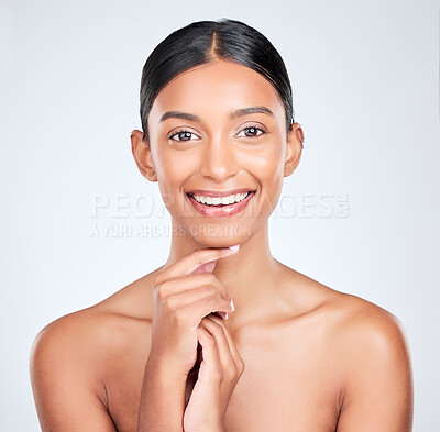 Buy stock photo Skincare, glow and portrait of a woman on a white background for cosmetics, dermatology or wellness. Happy, spa and an Indian model or girl with healthy skin, confidence or beauty from cosmetology