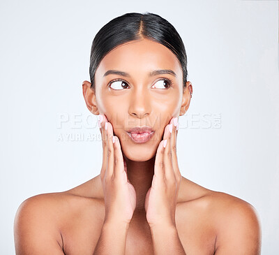 Buy stock photo Face, beauty and the aesthetic lips of a woman for health or wellness in studio on white background. Hands, skincare and pout with a young model posing for natural cosmetic treatment of her skin