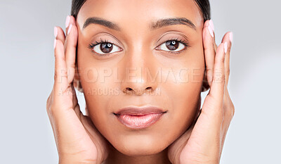 Buy stock photo Studio face of Indian woman for skincare and cosmetics on white background for spa treatment. Luxury dermatology, hands touch and closeup portrait of person for wellness, natural beauty and makeup