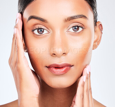 Buy stock photo Closeup portrait of Indian woman for skincare, beauty and cosmetics on white background. Dermatology, spa aesthetic and serious face of isolated person for wellness, salon and facial glow in studio