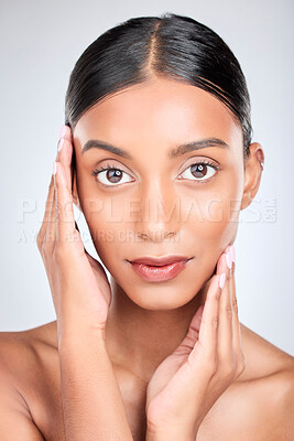 Buy stock photo Skincare, beauty and portrait of woman with hands on white background for cosmetics, facial and health. Dermatology, spa and serious face of isolated person for wellness, glow and makeup in studio