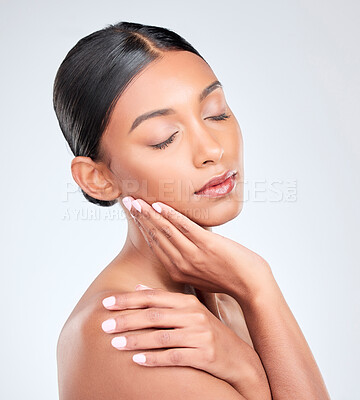 Buy stock photo Woman, relax and beauty with skincare, dermatology and facial treatment in studio. Eyes closed, female model and wellness with soft face, skin cosmetics and glow from makeup with white background