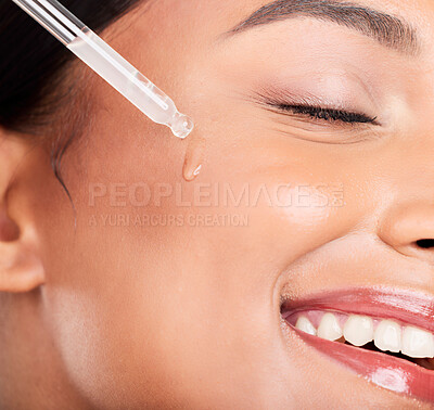Buy stock photo Closeup, woman and pipette with beauty, oil and dermatology with wellness on white studio background. Person, skincare product or model with hyaluronic acid, cosmetics or shine with serum and facial