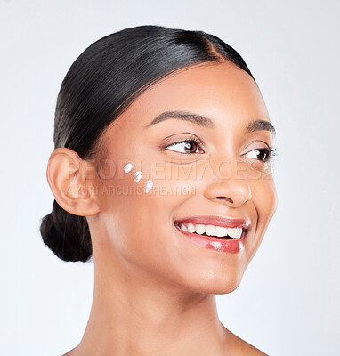 Buy stock photo Cream, skincare and woman with cosmetics, beauty or self care on a white studio background. Person, thinking or model with creme, luxury or healthy skin with dermatology, glow or aesthetic with shine
