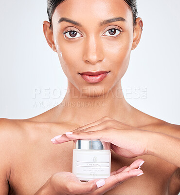 Buy stock photo Woman, beauty and cream with face, dermatology and skincare isolated on white background. Lotion, sunscreen and moisturizer in portrait with wellness, skin and facial mask for cosmetic care in studio