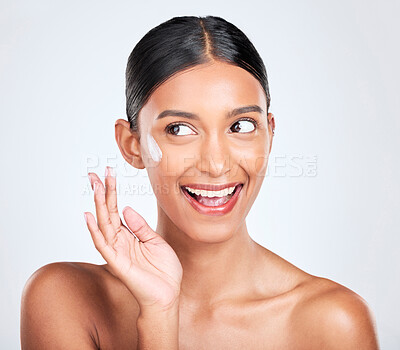 Buy stock photo Happy woman, beauty and cream on face, dermatology and skincare on white background. Lotion, sunscreen and moisturizer with wellness, skin with glow and facial mask for cosmetic care in a studio