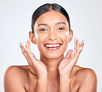 Portrait, cream or woman with skincare, dermatology or moisturiser on a white studio background. Face, person or model with aesthetic, shine or glow with cosmetics, creme or smile with beauty or glow