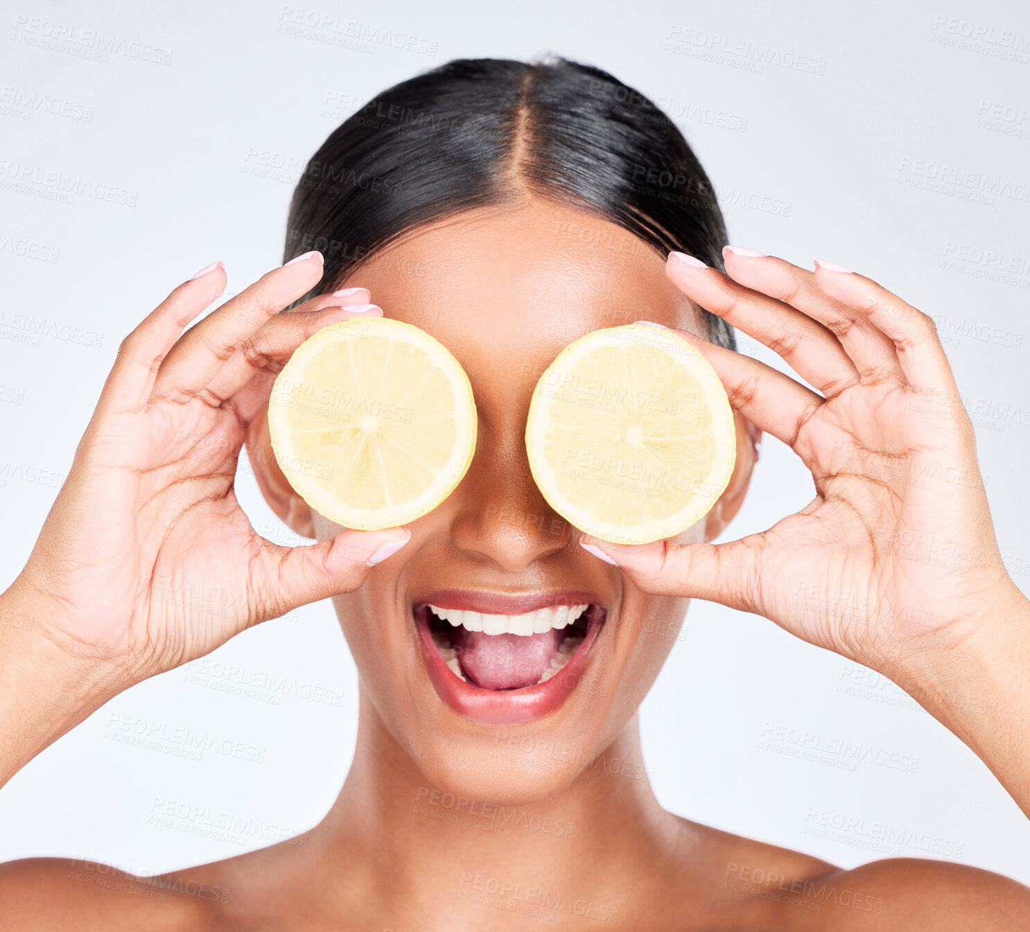 Buy stock photo Skincare, lemon and woman with cosmetics, health and dermatology on a white studio background. Person, girl and model with fruit, vitamin c or nutrition with beauty, healthy skin or product with glow