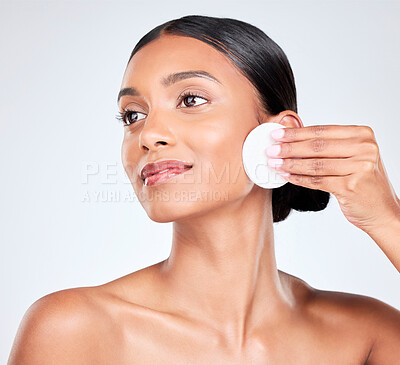 Buy stock photo Face, woman and cotton pad, beauty and makeup removal with skincare and clean facial isolated on white background. Hygiene, cosmetics and product with wellness, dermatology and skin shine in a studio