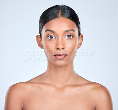 Buy stock photo White background, portrait and Indian woman for skincare, beauty and cosmetics for salon aesthetic. Dermatology, spa and serious face of isolated person for wellness, glamour or facial glow in studio