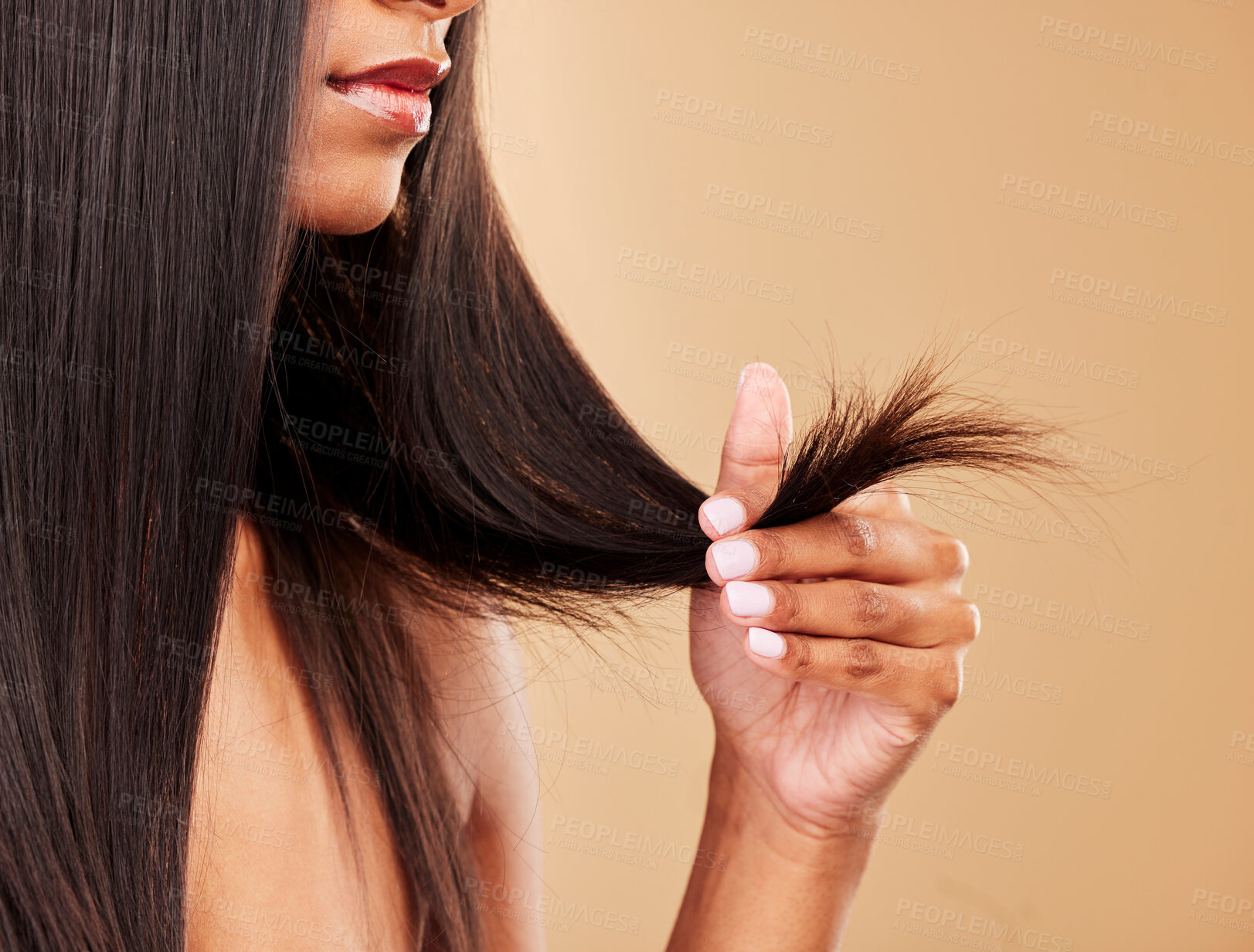 Buy stock photo Hair, split ends and damage with woman, beauty and keratin treatment fail on studio background. Dry, salon hairstyle mistake and haircare with texture, growth and cosmetic care with breakage 