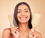 Brush, comb and portrait of woman in studio with clean salon treatment hairstyle for wellness. Health, hair care and young female model with tools for haircut maintenance isolated by brown background