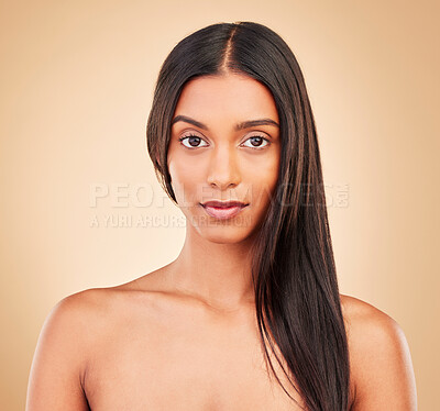 Buy stock photo Portrait, hair care or woman with beauty, luxury or grooming routine on brown studio background. Face, person or model with cosmetics, style or shine with aesthetic, wellness or dermatology with glow