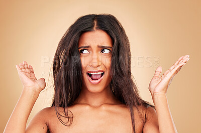 Buy stock photo Woman, hands and surprise face for announcement, scared and mouth open with shock on studio background. Natural, person and emoji or excited facial expression, mind blown and amazed at gossip