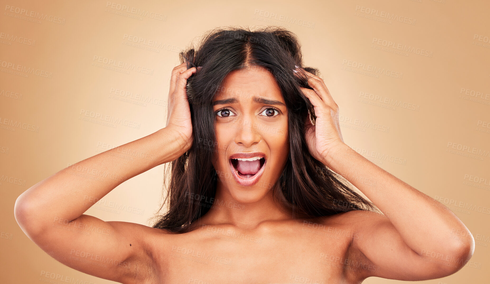 Buy stock photo Hair care, portrait and woman stress, frustrated and surprise for treatment disaster at hairdresser. Face, person and girl with scalp problem, volume and hard texture in studio on beige background  