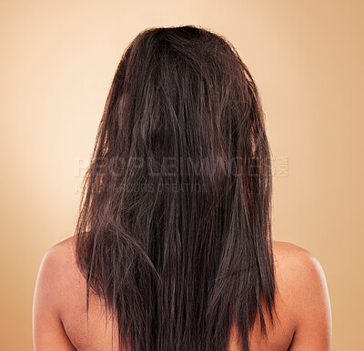 Buy stock photo Damaged, hair and back of messy woman in studio, background or haircare for tangled, brittle or frizzy hairstyle. Repair, beauty and person in salon or spa for treatment to restore healthy texture