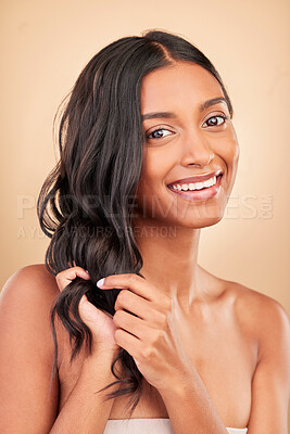 Buy stock photo Portrait, hair care and woman with beauty, smile and treatment on a brown studio background. Face, person and model with shampoo, style and grooming with aesthetic, wellness and luxury with shine