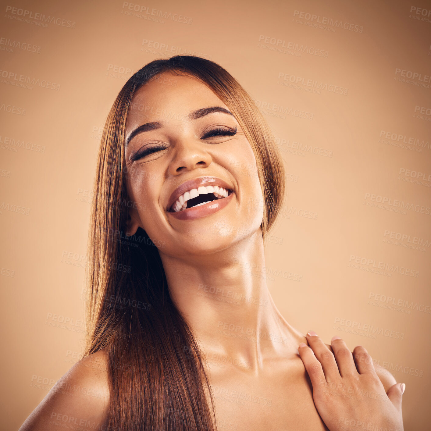 Buy stock photo Portrait, beauty and hair with a natural woman in studio on a brown background for keratin treatment. Face, smile and shampoo with a happy young model at the salon for growth or aesthetic haircare