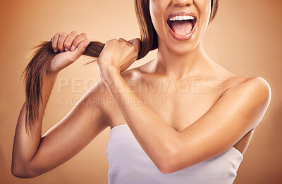 Buy stock photo Shouting, hair care and frustrated woman with beauty and strong texture for growth isolated in studio brown background. Angry, skincare and person with cosmetics aesthetic or haircut with shampoo