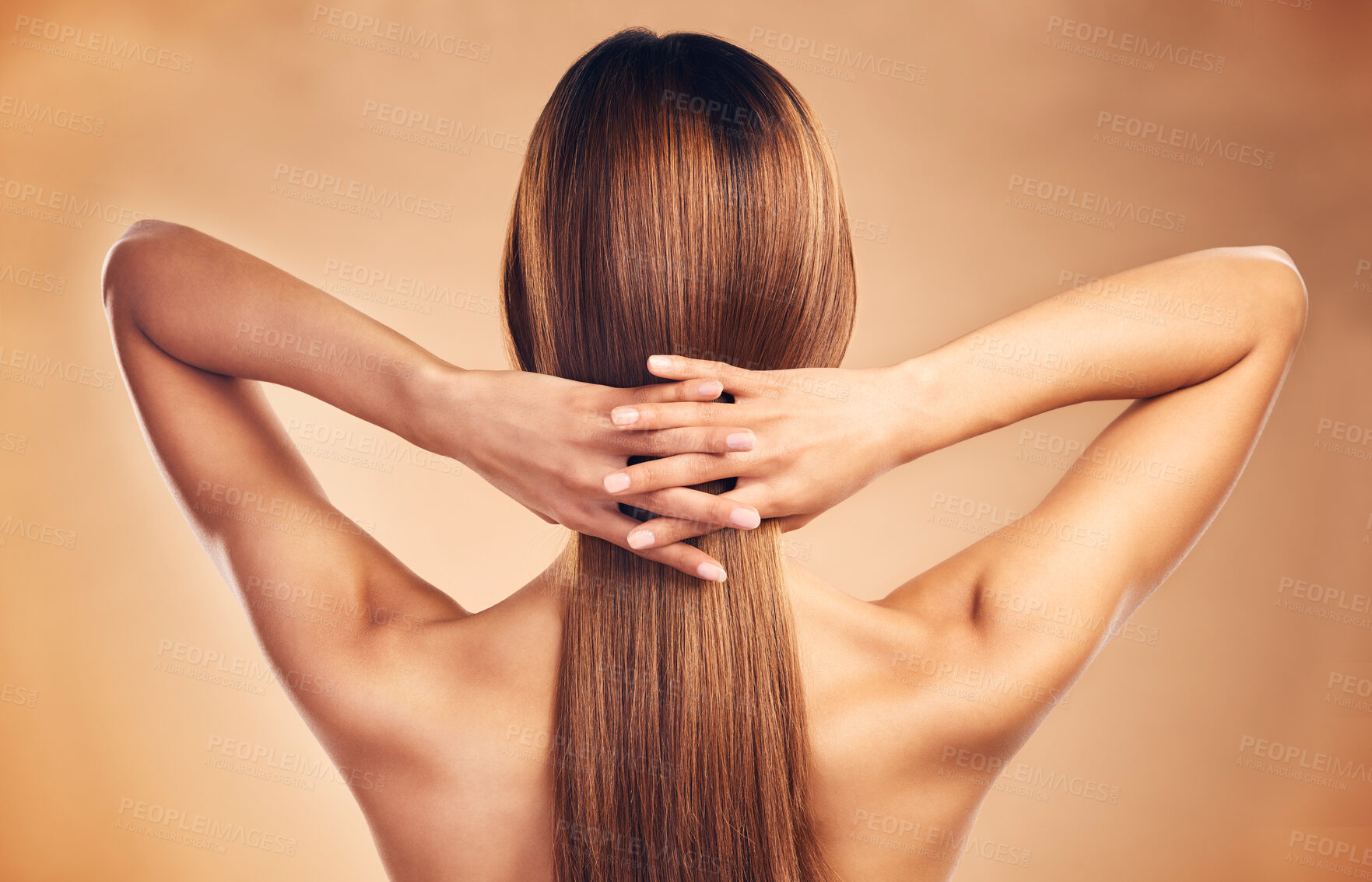 Buy stock photo Studio, back and person with long hair care, healthy texture shine and strong extensions, cosmetic treatment or keratin results. Hairdressing spa, beauty salon and model hairstyle on brown background