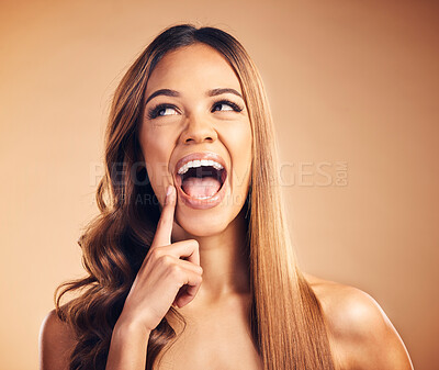 Buy stock photo Idea, woman and straight hair, curly and funny in studio isolated on a brown background. Thinking, hairstyle and natural cosmetics of excited model in salon treatment for beauty, hairdresser or laugh