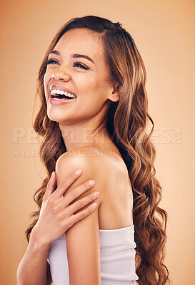 Buy stock photo Hair, care and face of happy woman with beauty, cosmetics and balayage hairstyle in studio background with a smile. Skincare, makeup and laughing with happiness from collagen treatment or dermatology