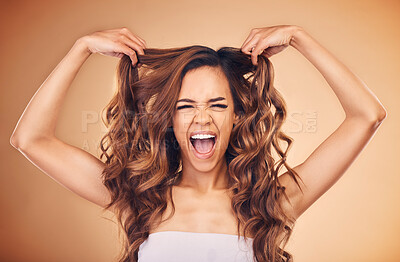 Buy stock photo Portrait, woman and excited for curly hair beauty isolated on a brown background in studio. Face, hairstyle and natural cosmetics of happy model in salon treatment for health, wellness or hairdresser