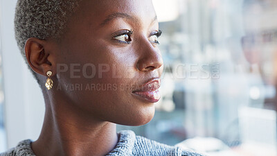 Buy stock photo Thinking, professional and black woman by window in office with ideas, brainstorming and planning. Creative worker, business and face of person by glass thoughtful for strategy, future and solution
