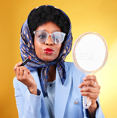 Buy stock photo Vintage, woman and makeup with mirror and retro clothing apply red lipstick and confidence. Female model, studio and yellow background with cosmetics, fashion accessories and reflection with glasses