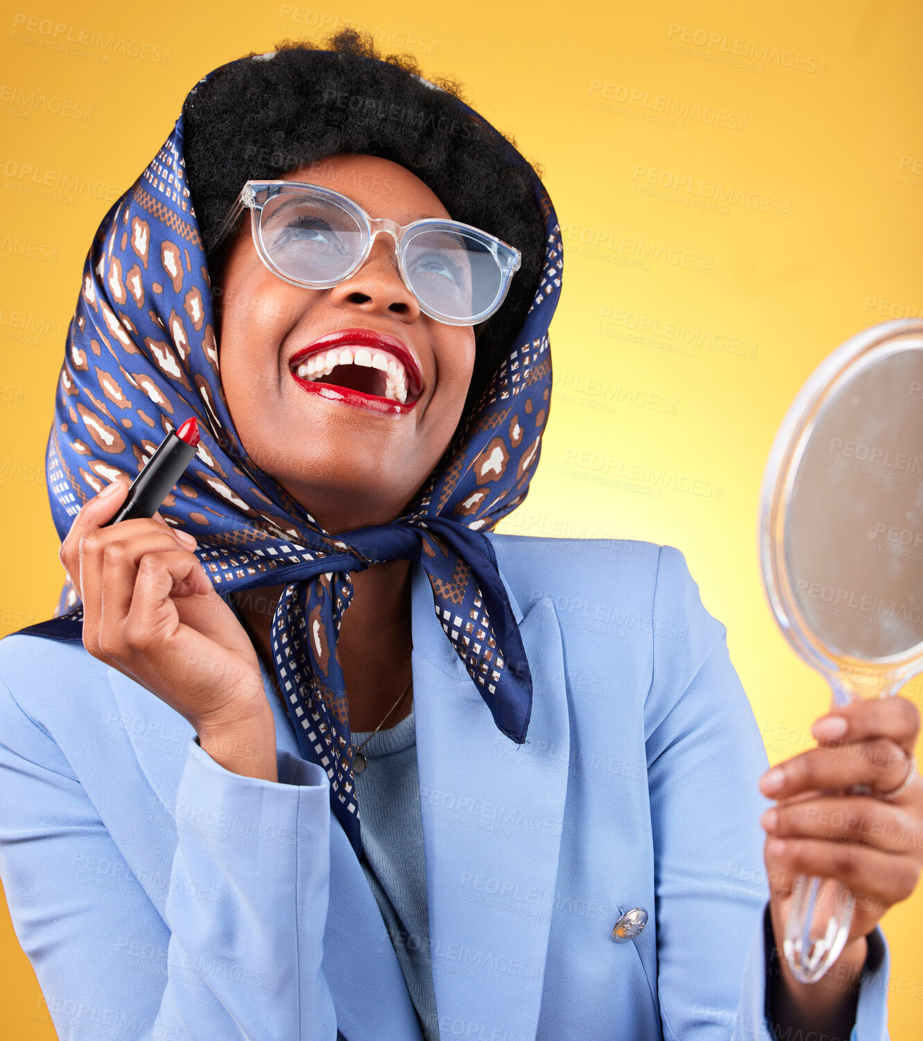 Buy stock photo Vintage, woman laughing and makeup with mirror and retro clothing apply red lipstick and confidence. Female model, studio and yellow background with cosmetics, fashion accessories and trendy glasses