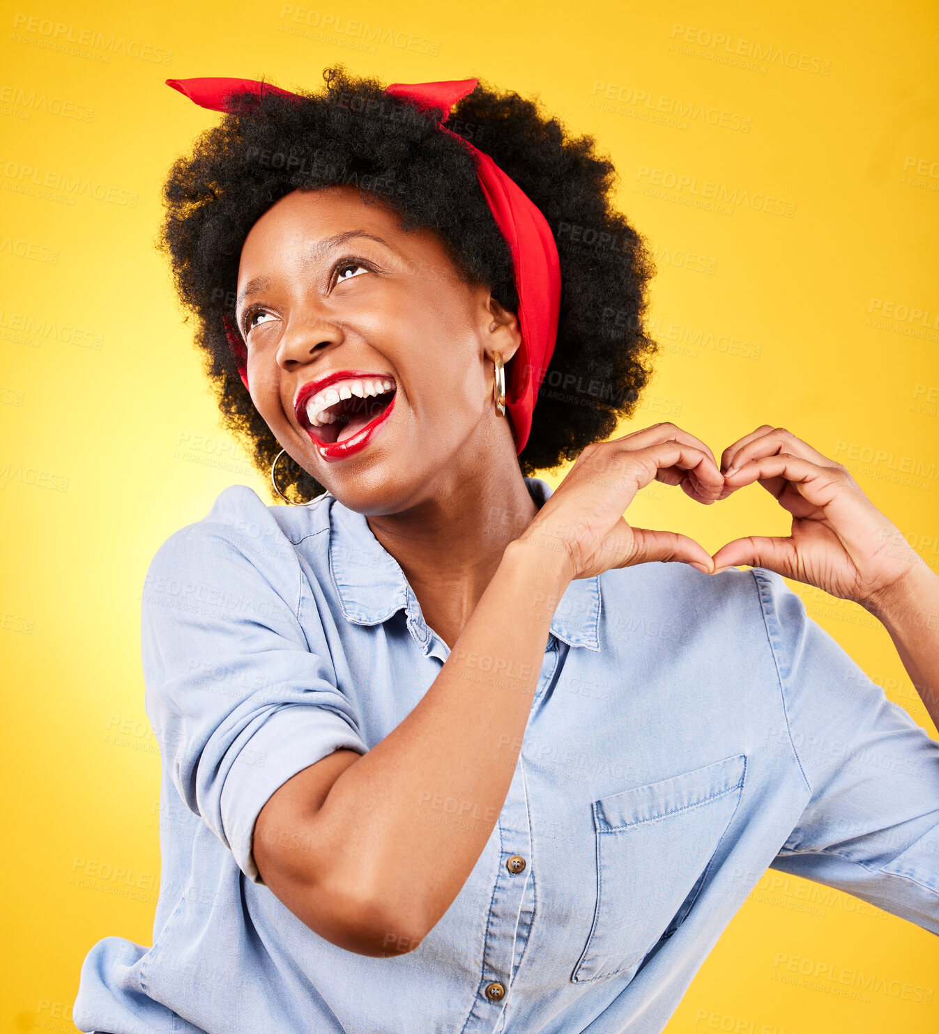 Buy stock photo Heart, sign and happy black woman with care hand gesture as support and love isolated in a studio yellow background. Kindness, emoji and young person with gratitude, like and review symbol or icon