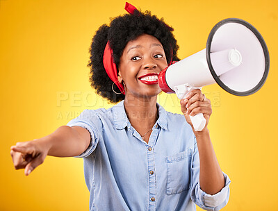 Buy stock photo Woman, megaphone and winner choice in announcement, broadcast and choice or news on yellow background. African person pointing you, attention and communication with sale, bonus or winning in studio