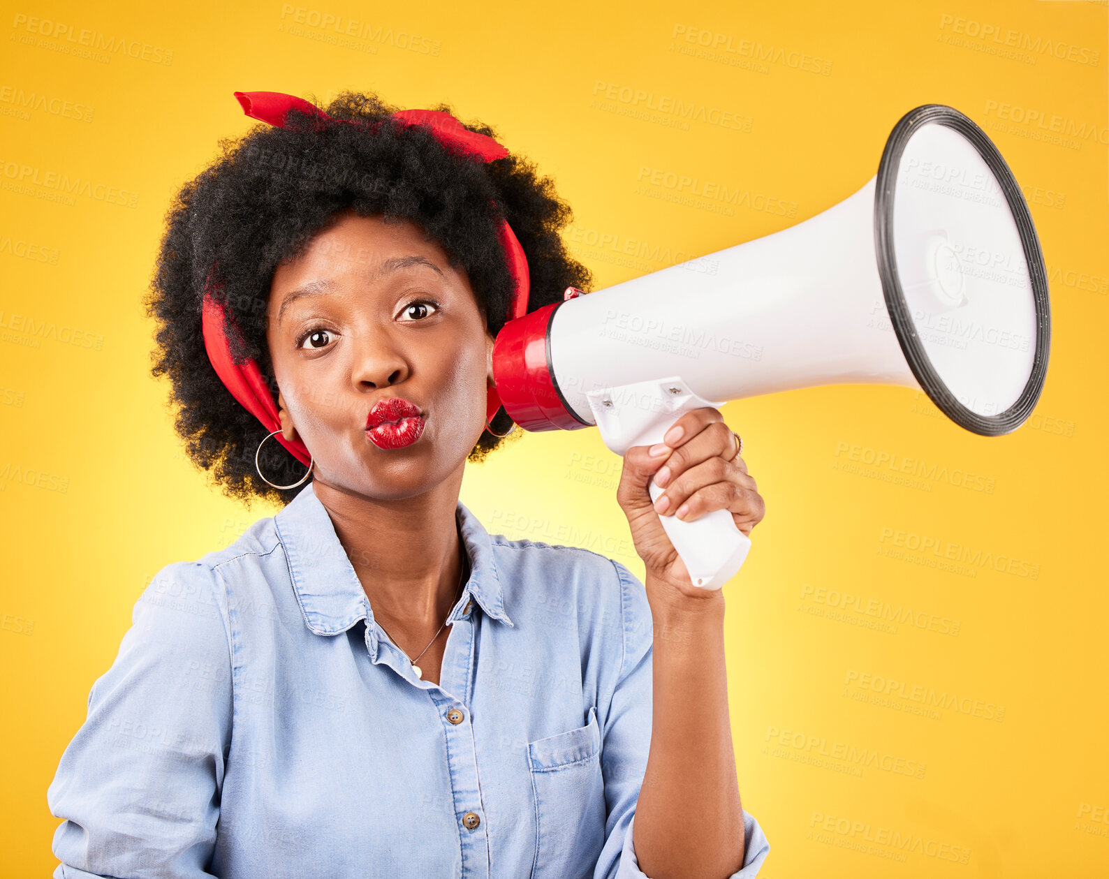 Buy stock photo Woman, megaphone and portrait for announcement, broadcast or fashion news on yellow background. Young gen z or african person with kiss face emoji and sale, voice or discount communication in studio