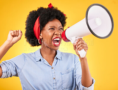 Buy stock photo Woman, megaphone and protest, voice or news and broadcast or announcement, fist and yellow background. Angry African person, student or speaker in power, leadership and attention or justice in studio