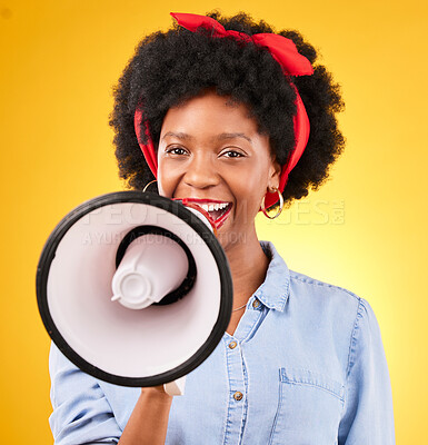 Buy stock photo Woman, megaphone and voice for announcement, broadcast or news and speech on yellow background. Young and happy african person in portrait for call to action, attention and communication in studio