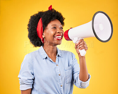 Buy stock photo Woman, megaphone and voice for news, broadcast or announcement and fashion on a yellow background. Young and happy african person with call to action, attention and communication of sale in studio