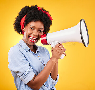 Buy stock photo Portrait, megaphone or happy black woman with announcement or review on studio background. Broadcast, attention or voice of African girl with sale news, speech or speaking on opinion on mic speaker 