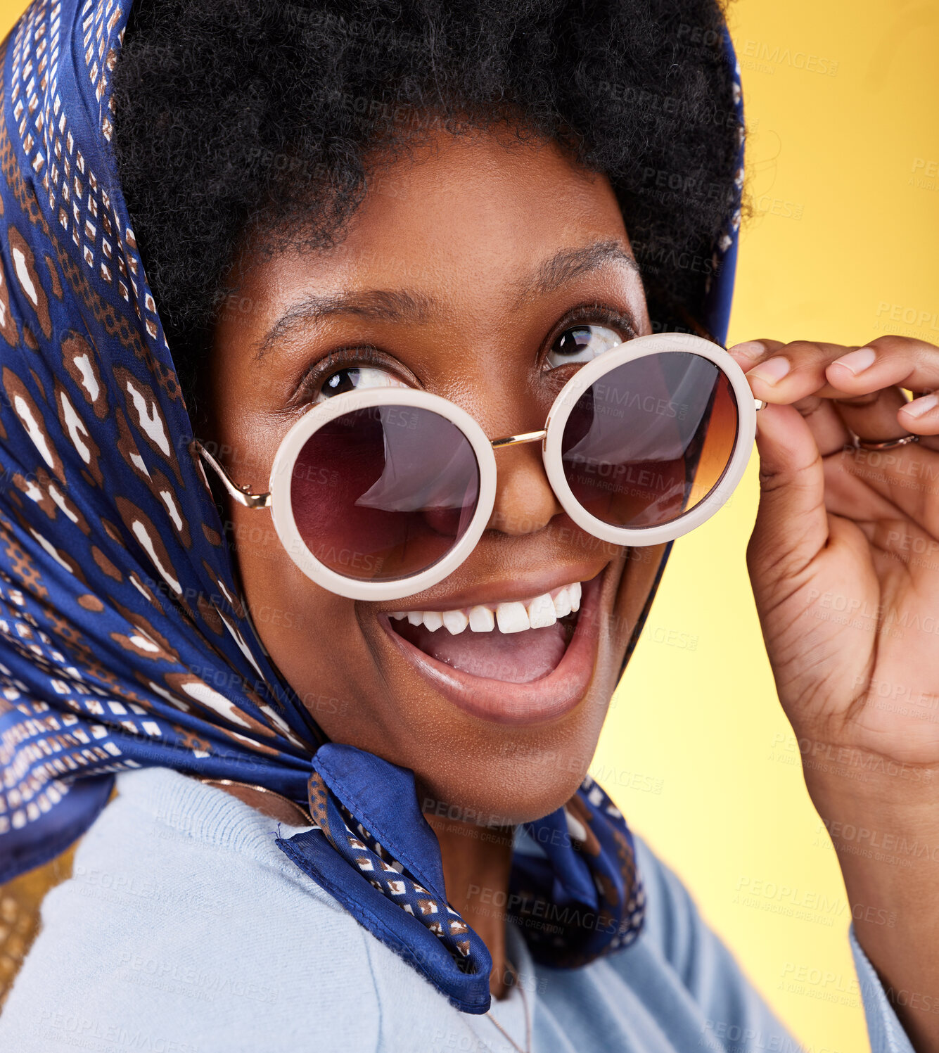 Buy stock photo Fun, retro and woman with sunglasses and smile closeup with vintage frames accessories in studio. African female model, confidence and happy person with trendy summer fashion with yellow background