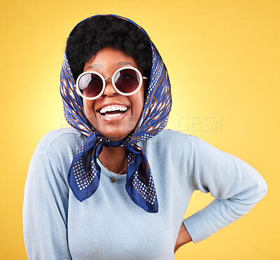 Buy stock photo Fun, retro and woman laugh with sunglasses and smile closeup with vintage frames accessories in studio. African female model, confidence and happy with trendy summer fashion with yellow background