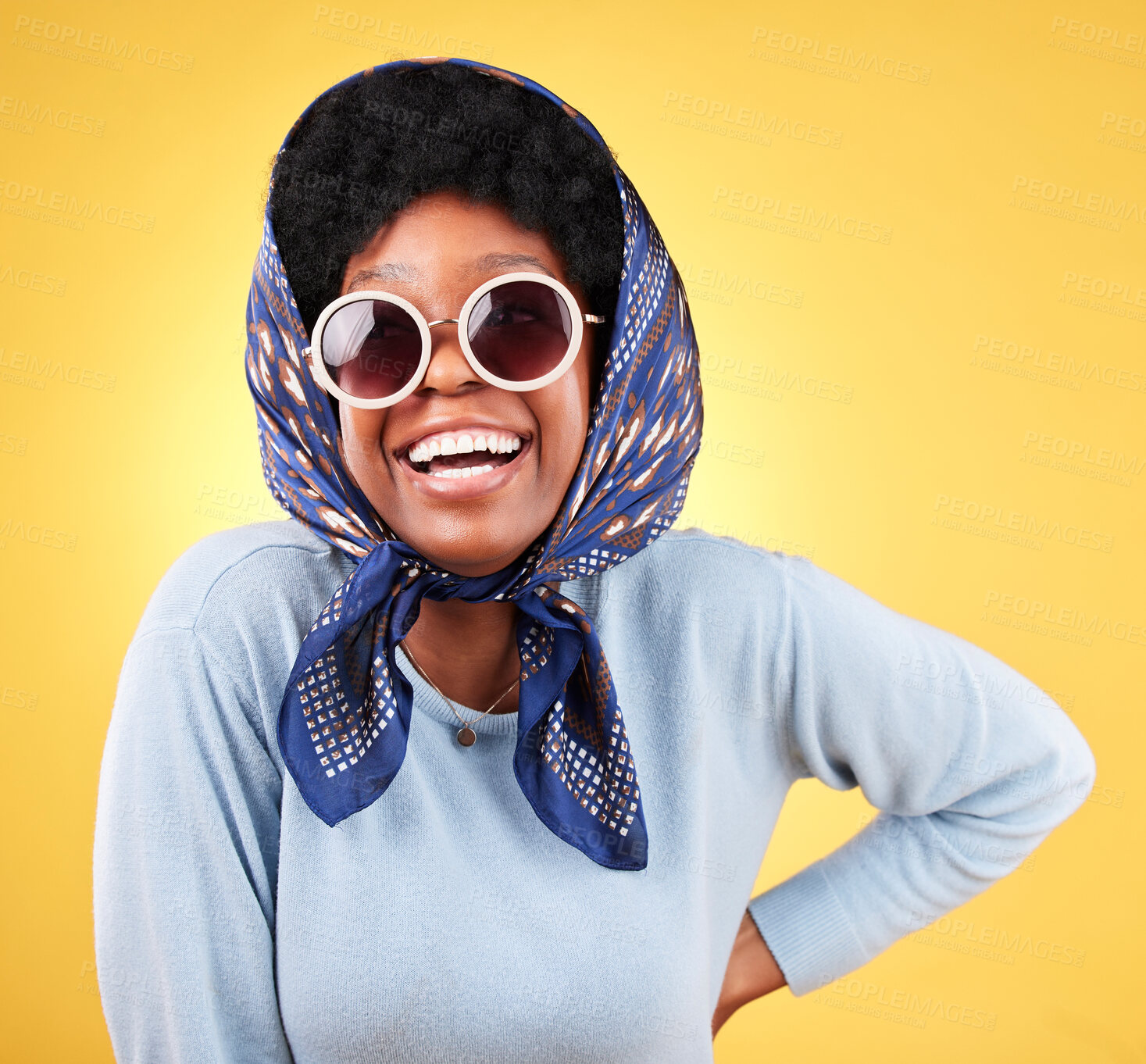 Buy stock photo Fun, retro and woman laugh with sunglasses and smile closeup with vintage frames accessories in studio. African female model, confidence and happy with trendy summer fashion with yellow background