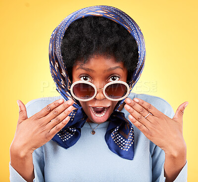 Surprise, portrait or black woman in sunglasses for a fashion promotion, sale deal or discount offer. Wow, African female model shocked by secret gossip or retail announcement on studio background