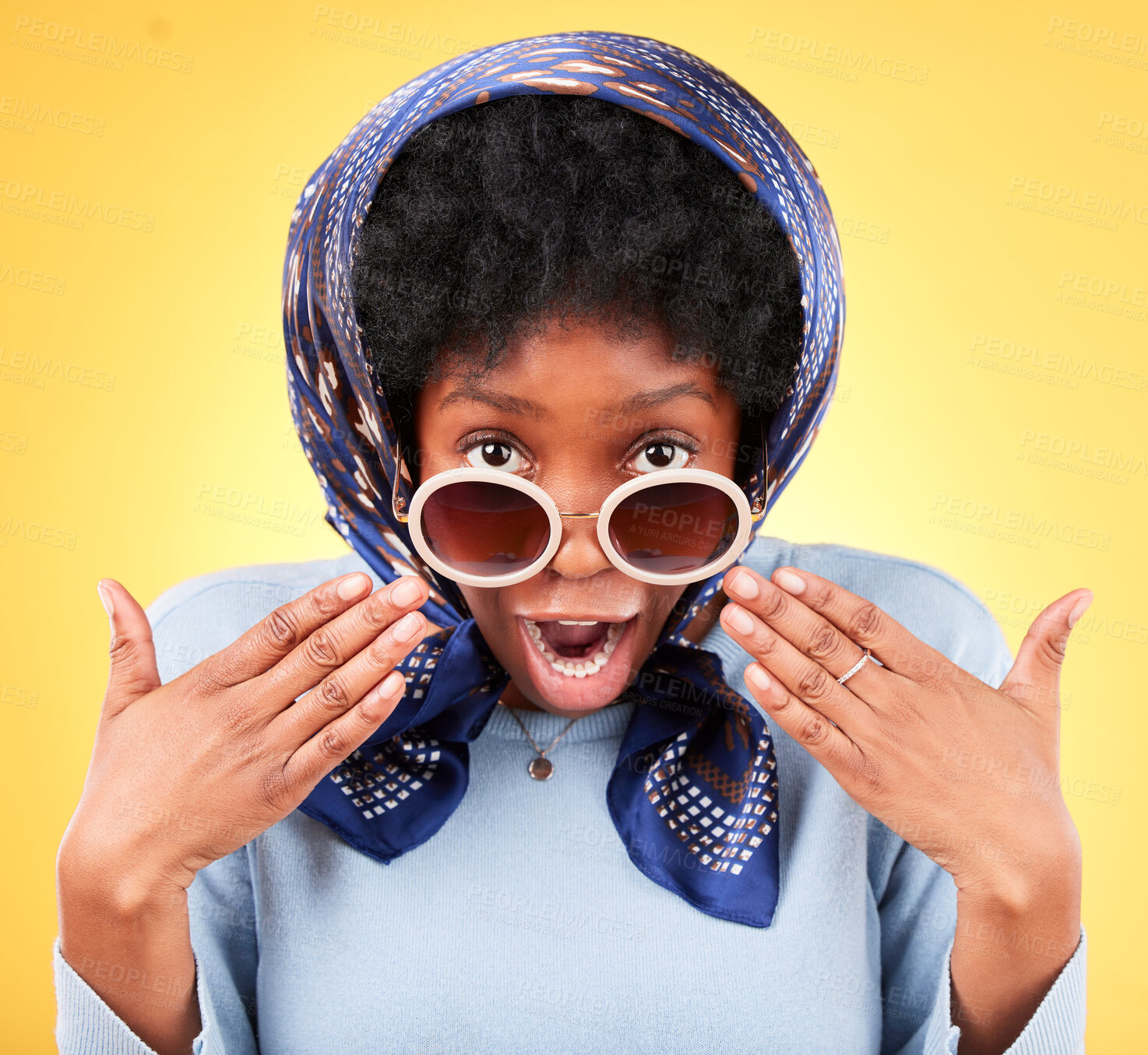 Buy stock photo Surprise, portrait or black woman in sunglasses for a fashion promotion, sale deal or discount offer. Wow, African female model shocked by secret gossip or retail announcement on studio background