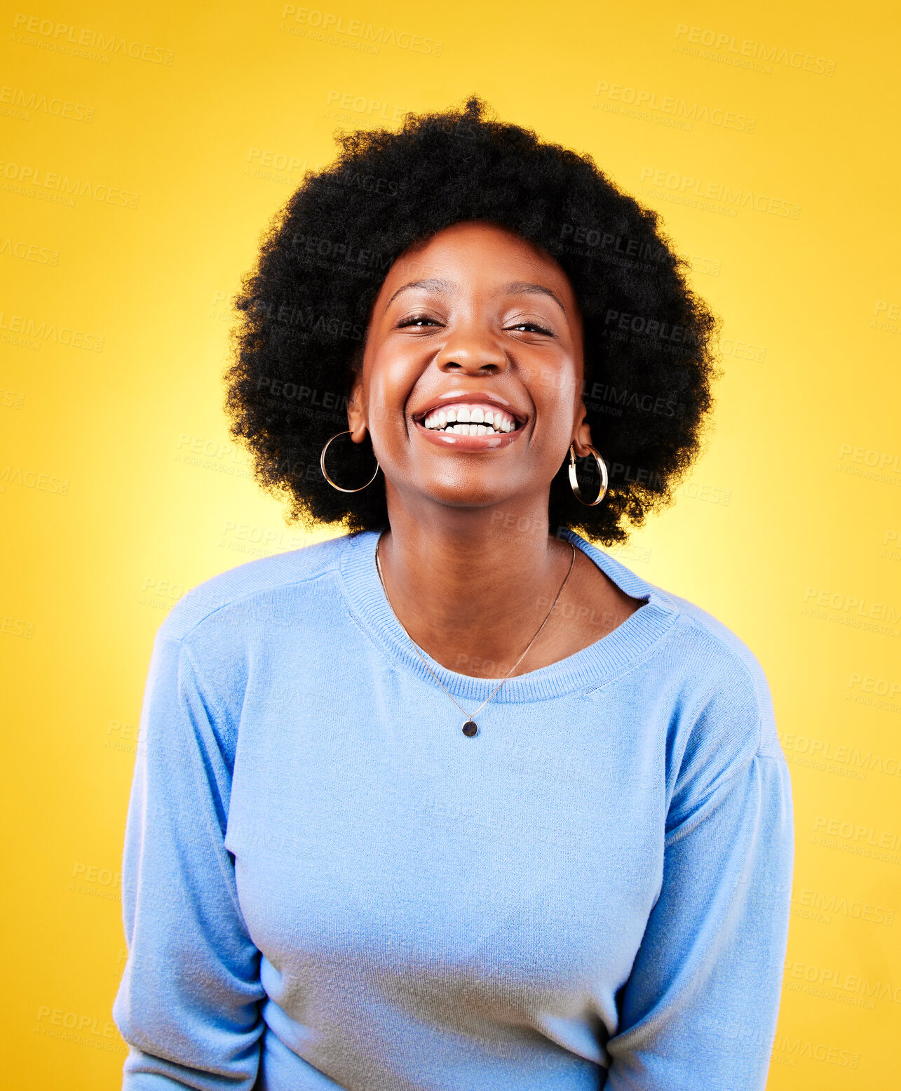 Buy stock photo Portrait, happy black woman and white teeth in studio isolated on a yellow background. Face, smile and African person laughing, funny joke and excited in casual clothes, fashion and style in Nigeria.