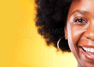 Buy stock photo Half, face and black woman smile with skincare mockup for beauty, cosmetics or marketing in studio background. Happy, portrait and natural makeup, eyebrow microblading and advertising makeover