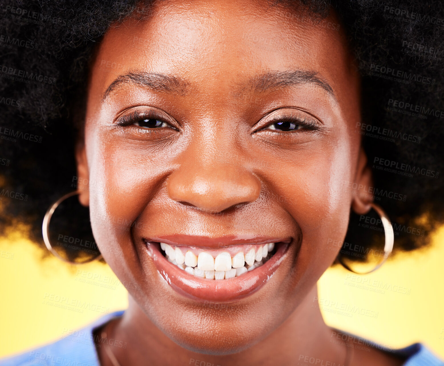 Buy stock photo Happy, portrait and skincare for black woman with a smile for beauty, cosmetics or marketing in studio background. Natural, hair and eyebrow makeup, microblading or advertising dermatology wellness