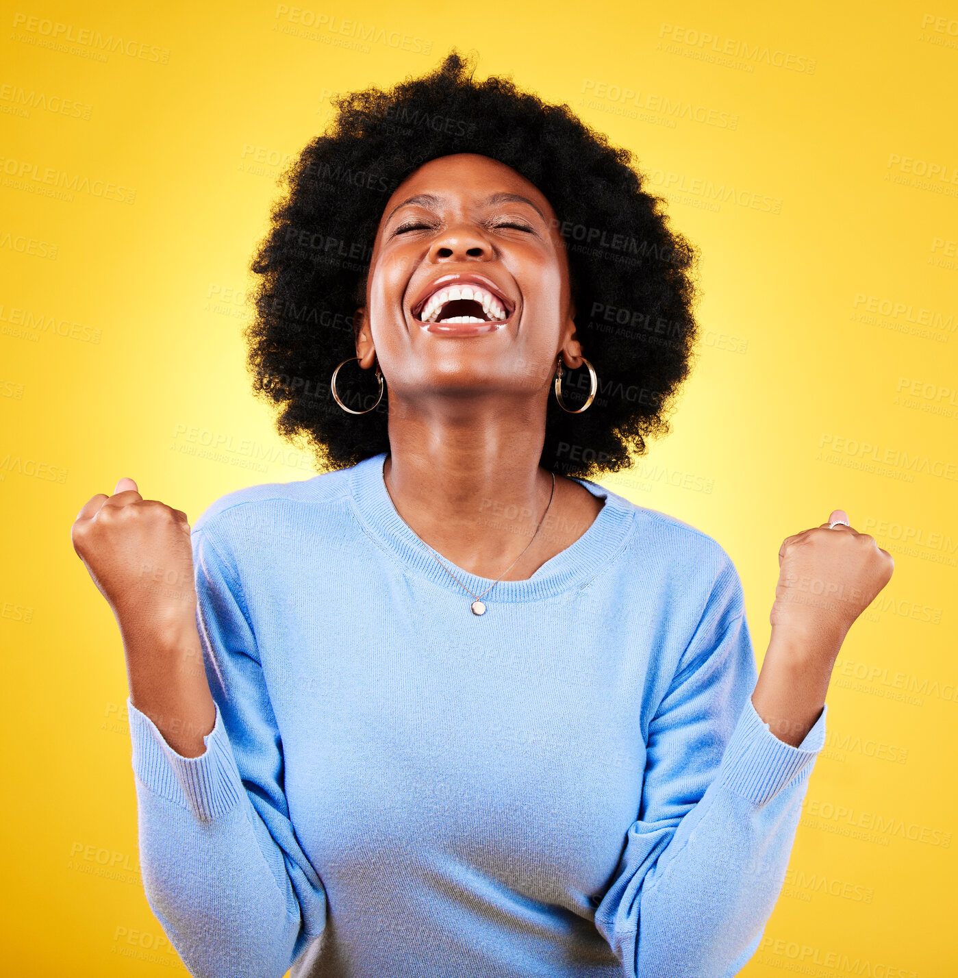 Buy stock photo Black woman, excited and fist in studio for success, celebrate freedom or winning lottery bonus on yellow background. Happy model, cheers or celebration of good news, crazy deal or lotto prize winner