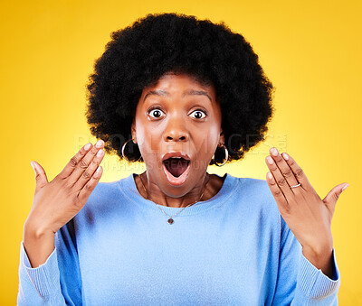 Buy stock photo Surprise, excited and portrait of a woman in studio with good news, mouth open and wow emoji. Face of a black person or winner on a yellow background for announcement, shock and facial review 