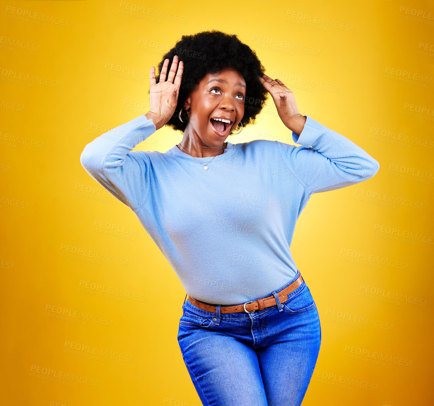 Buy stock photo Happy black woman, wow and excited winner in celebration isolated on a yellow background in studio. Smile, surprise and shocked African person in achievement success, bonus promotion and good news.