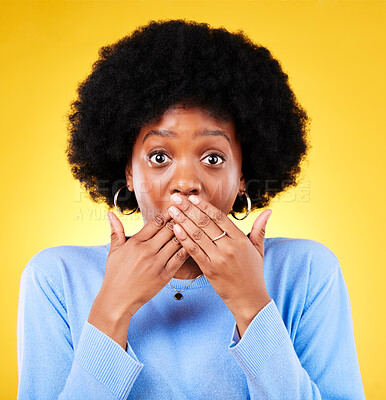 Buy stock photo Surprise, hands on mouth and portrait of a woman in studio with news, shock and wow. Face of a black person on a yellow background for announcement, gossip and facial emoji for secret or speechless 